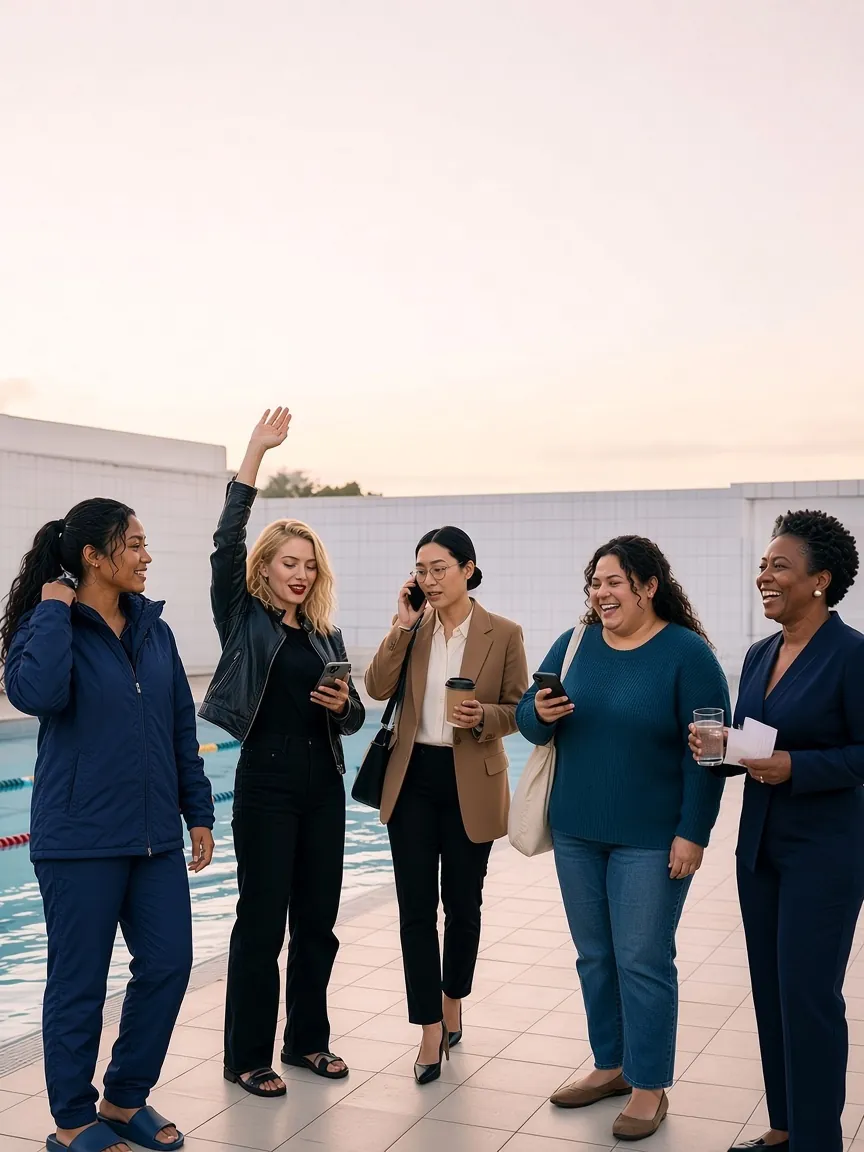 Five women of different ages laughing together by a pool at sunset, phones in hand
