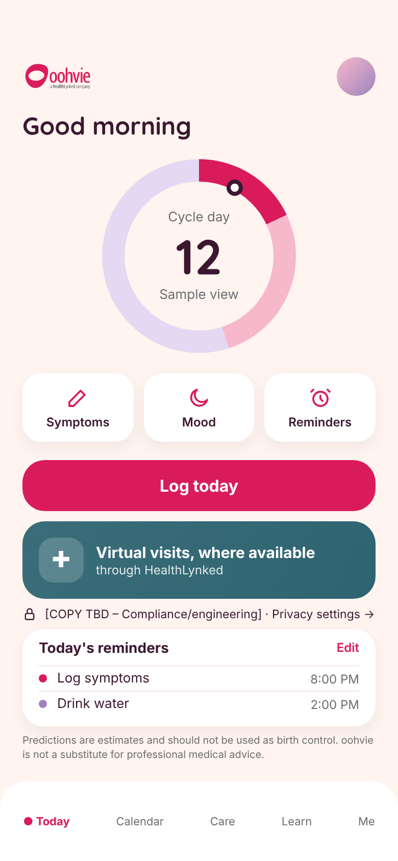 Oohvie app showing the cycle tracking calendar